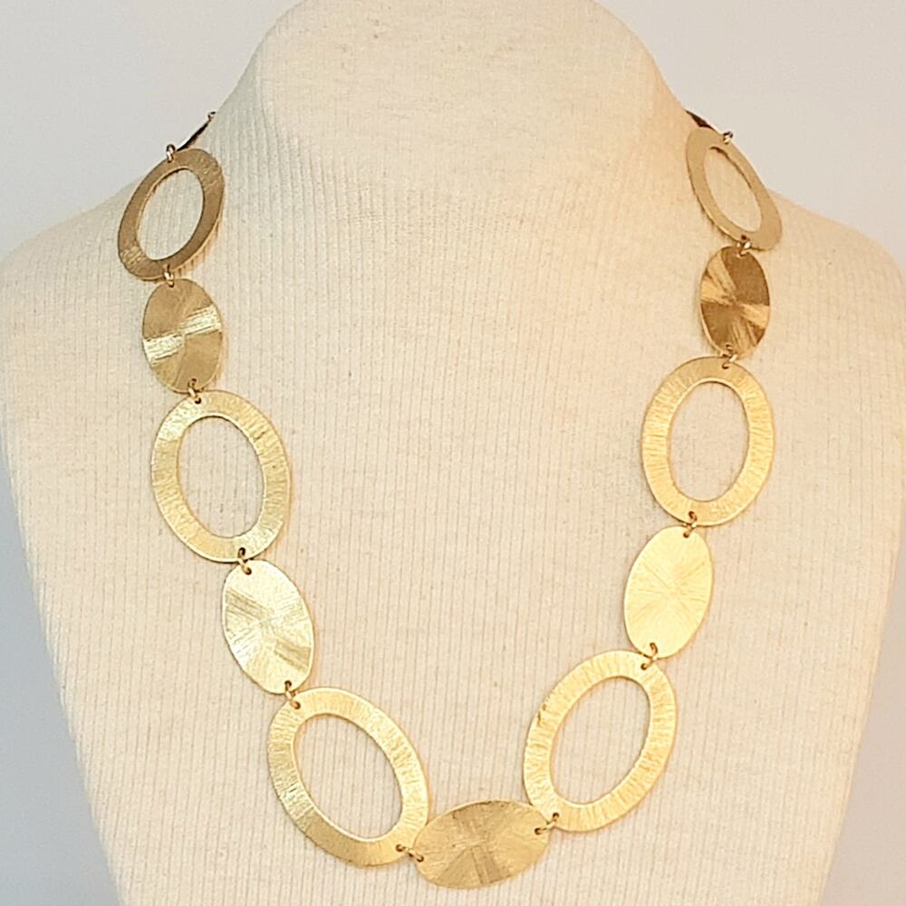 Rivka Friedman RL Brazil Signed Gold Tone Textured Flat Oval Disc Necklace
